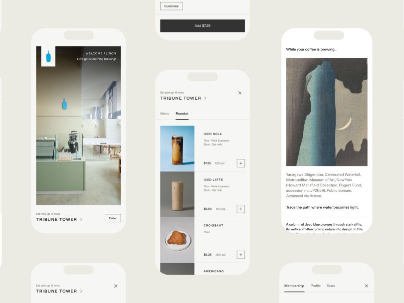 An image illustrating new features on Blue Bottle Coffee’s mobile app